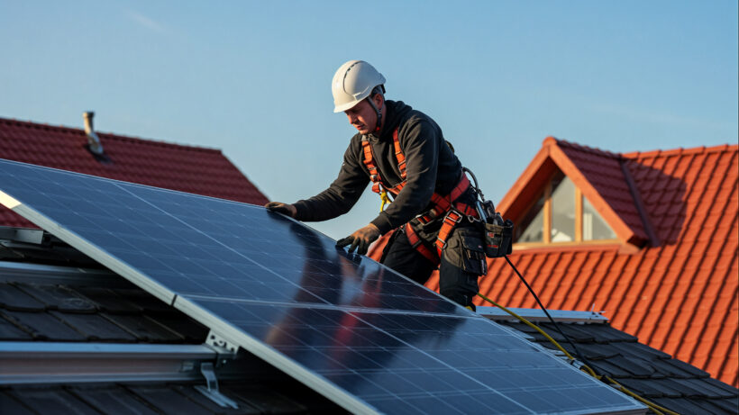 Technician installing rooftop solar panels for small businesses in Kerala with support from top solar companies in Kerala