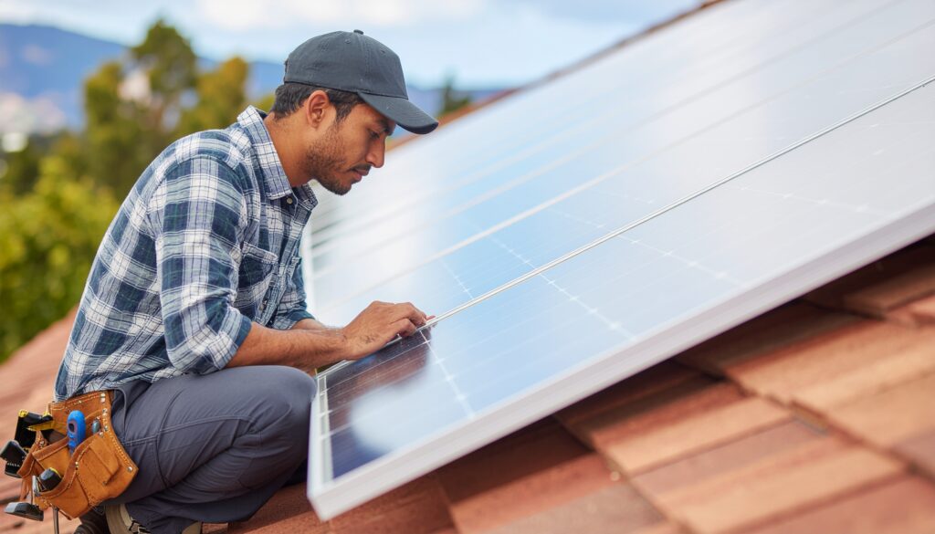 Technician installing rooftop solar panels for a Kerala home, showcasing quality workmanship by the best solar company in Kerala for residential solar systems.