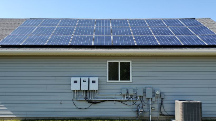 Rooftop solar panel system with inverters installed on a residential home, illustrating how the top 10 solar companies in Kerala design complete solar setups for efficient energy conversion and performance.